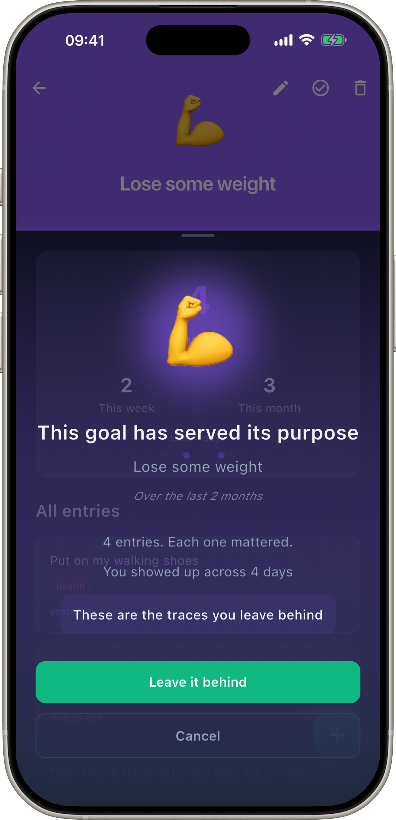 The Traces goal completion screen: This goal has served its purpose