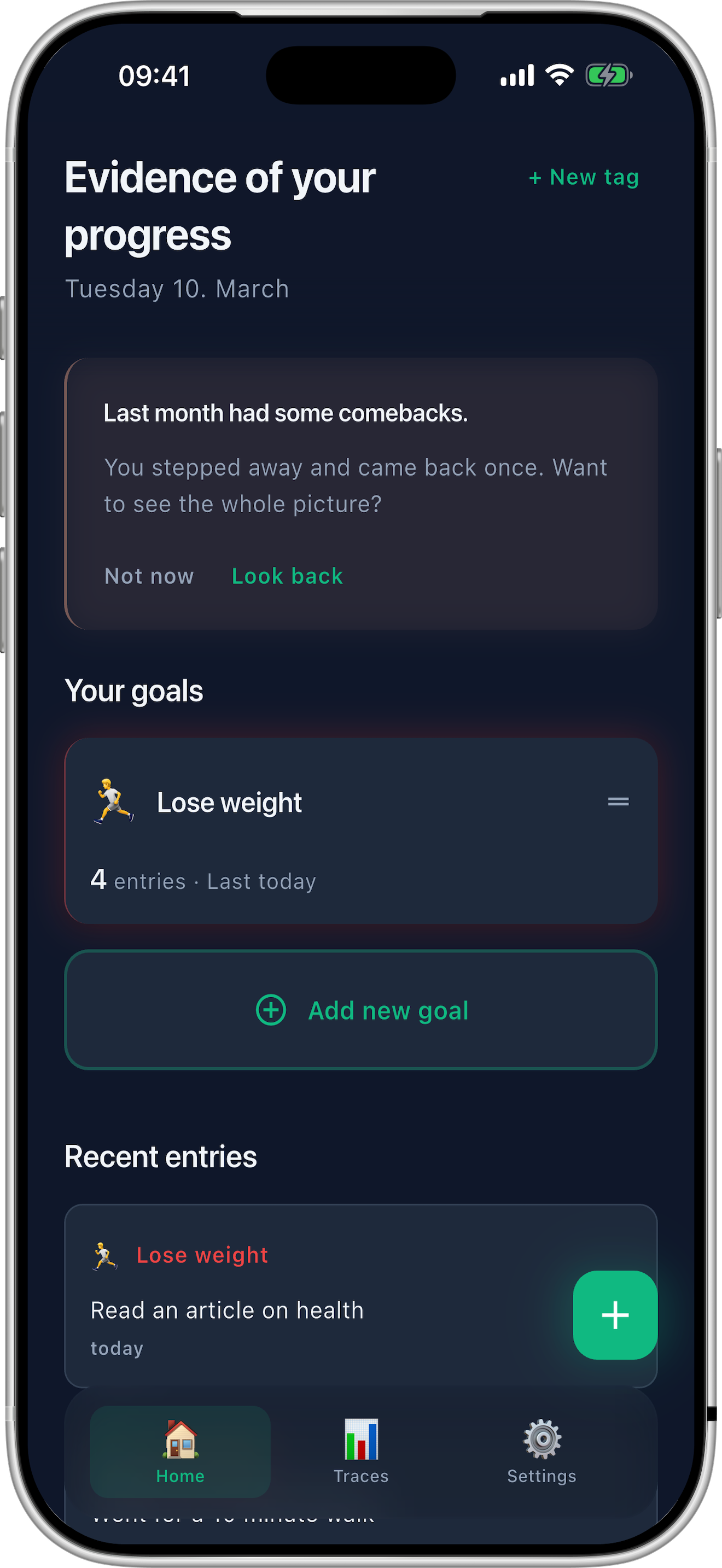 The Traces dashboard showing a gentle monthly reflection prompt: Last month had some comebacks. Want to see the whole picture?