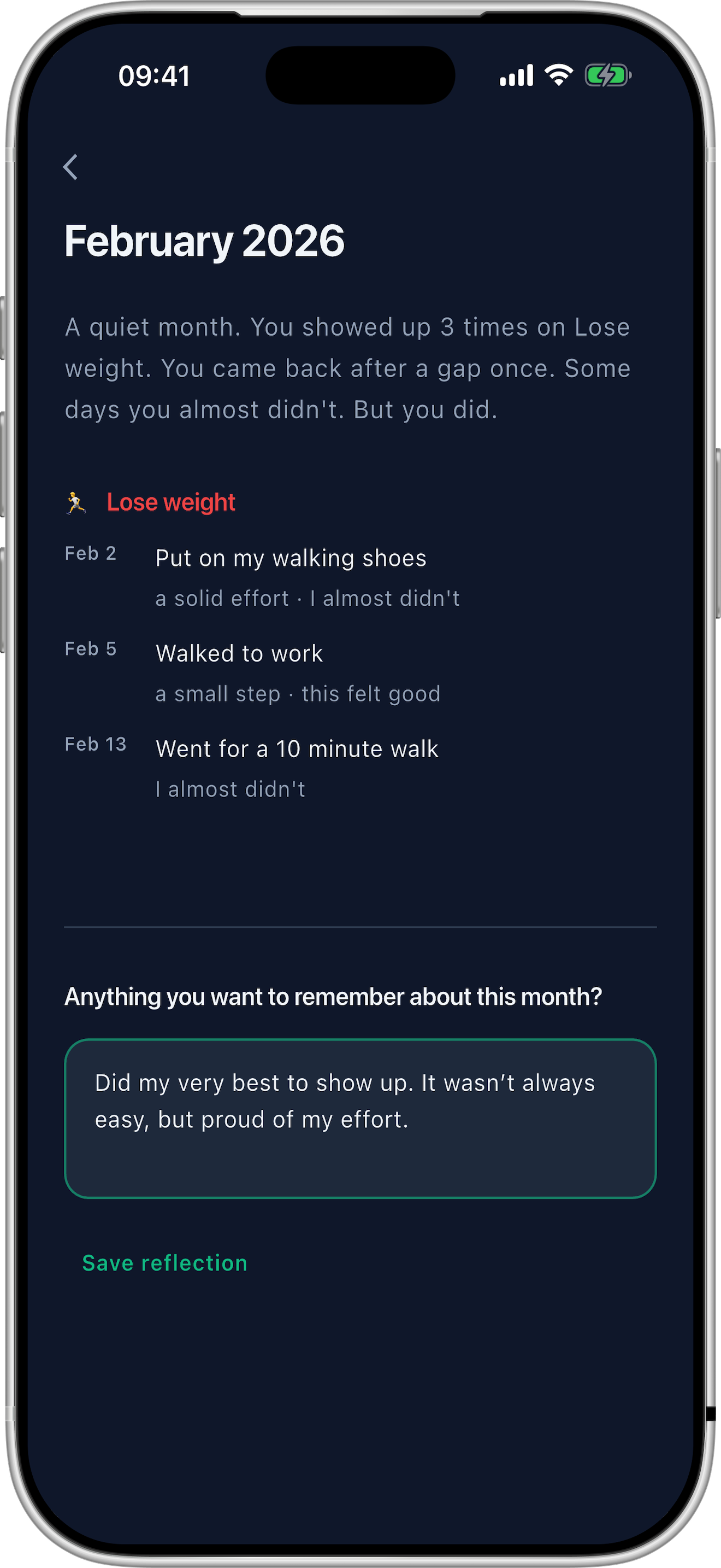 The Traces monthly reflection screen showing a narrative summary, all entries with their effort and feel tags, and a personal note field